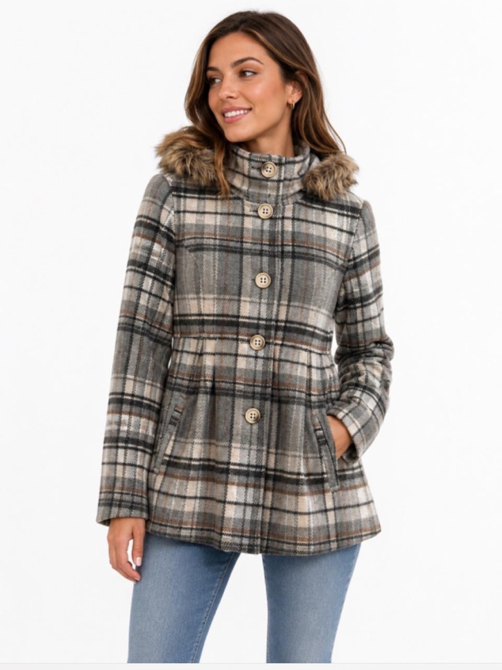 NWT American Rag Cie Women’s M Plaid Hooded Coat Faux Fur Trim Gray Cream